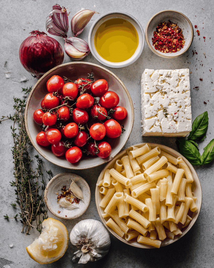 preparing baked feta pasta with tomatoes and olive oil