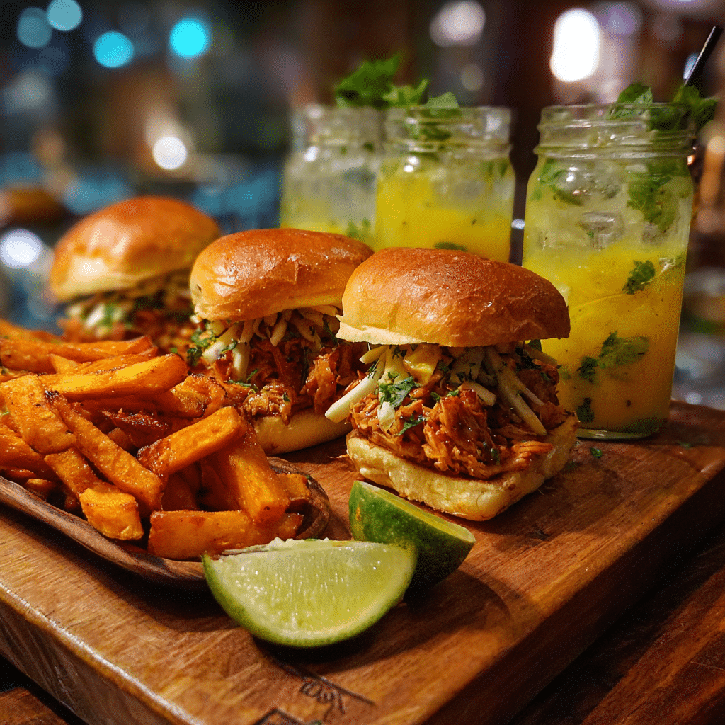 Bang Bang Chicken Sliders with Sweet Potato Fries and Mango Mojito