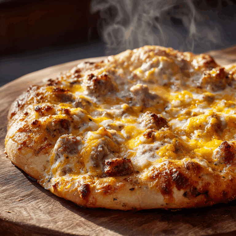 Biscuits and Sausage Gravy Breakfast Pizza with melted cheddar and flaky crust