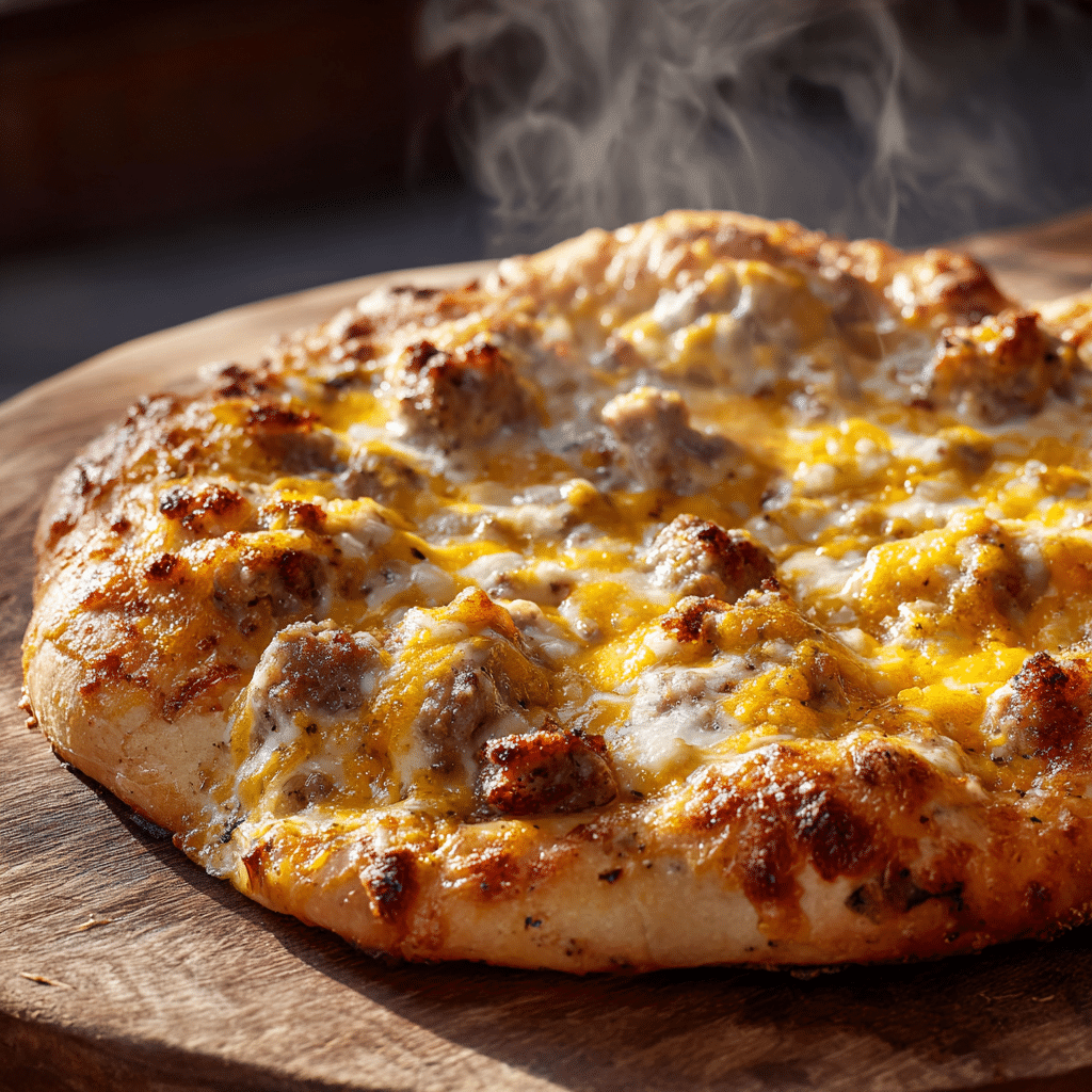 Biscuits and Sausage Gravy Breakfast Pizza with melted cheddar and flaky crust