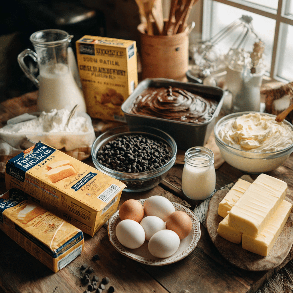 Ingredients for Boston Cream Poke Cake on a wooden counter