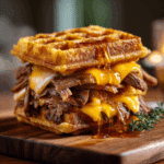 Bourbon Maple Brisket Grilled Cheese Wafflewich stacked on rustic board
