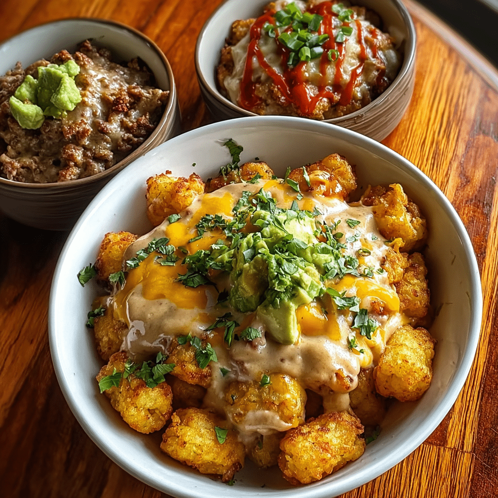 Three variations of tater tot breakfast bowls