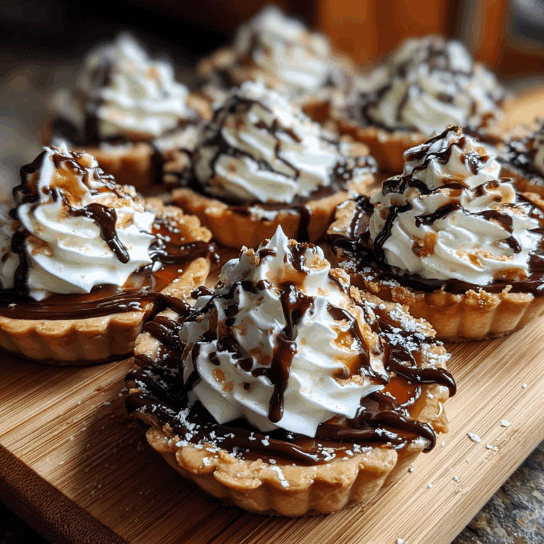 Butterfinger Caramel Crunch Mini Pies with whipped cream and chocolate drizzle
