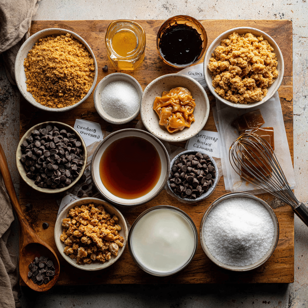 Ingredients for Butterfinger Caramel Crunch Mini Pies on kitchen counter