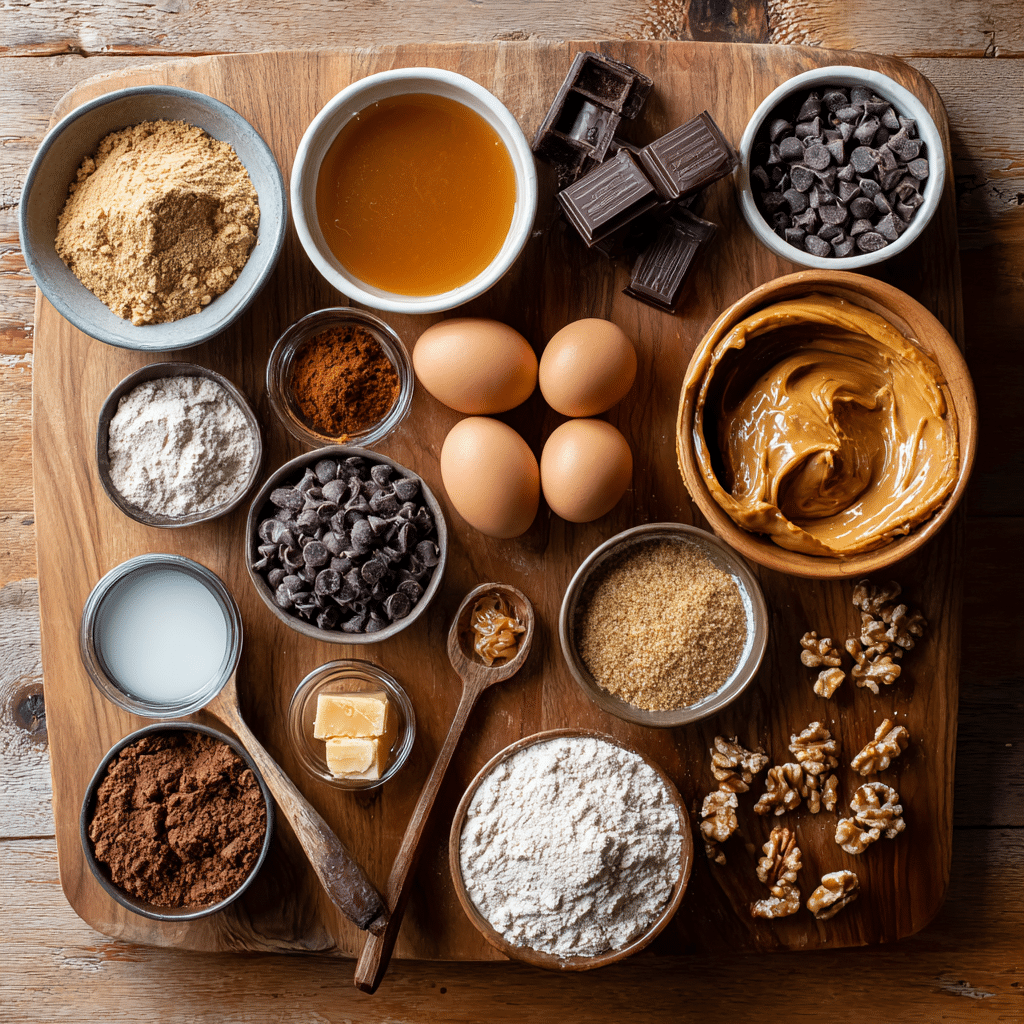 Ingredients for Caramel Brownie Pie laid out