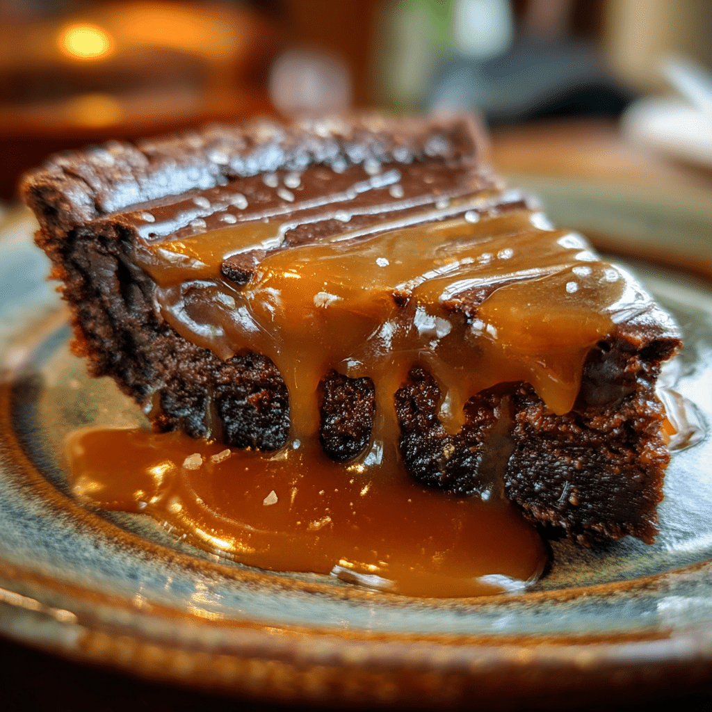 Gooey Caramel Brownie Pie slice close-up