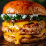 Cheddar Ranch Chicken Burger with melted cheddar and fresh toppings on a bun