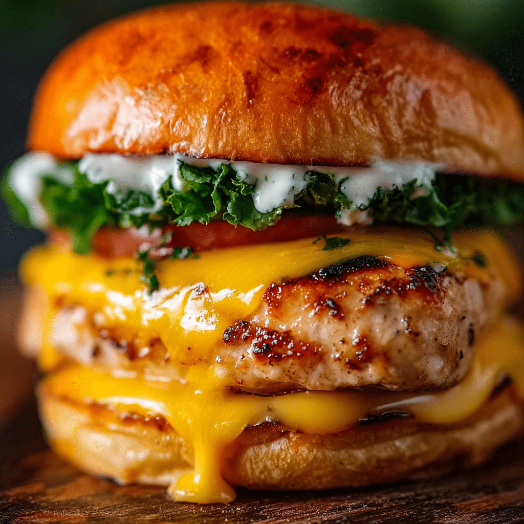 Cheddar Ranch Chicken Burger with melted cheddar and fresh toppings on a bun