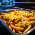 Cheeseburger French Fry Bake fresh from oven with golden fries and melted cheese