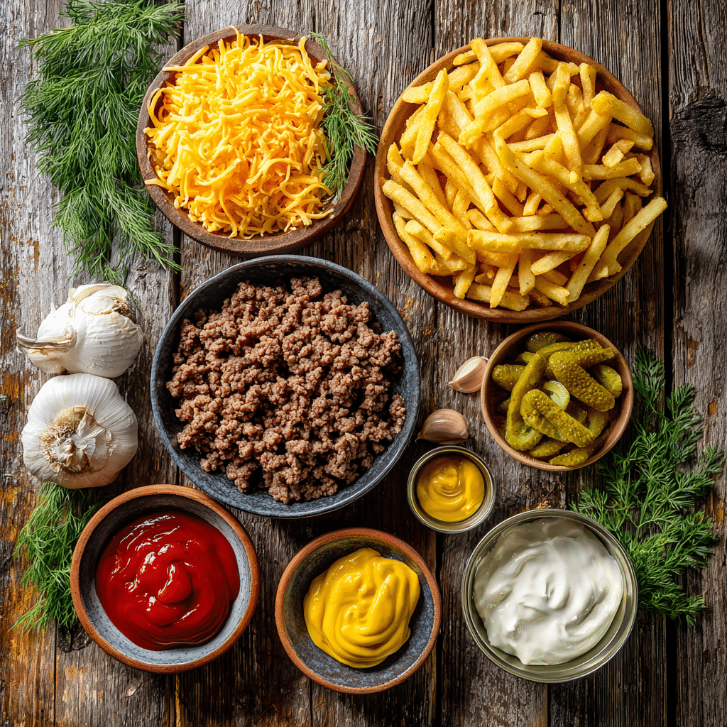 Cheeseburger French Fry Bake ingredients laid out on kitchen counter