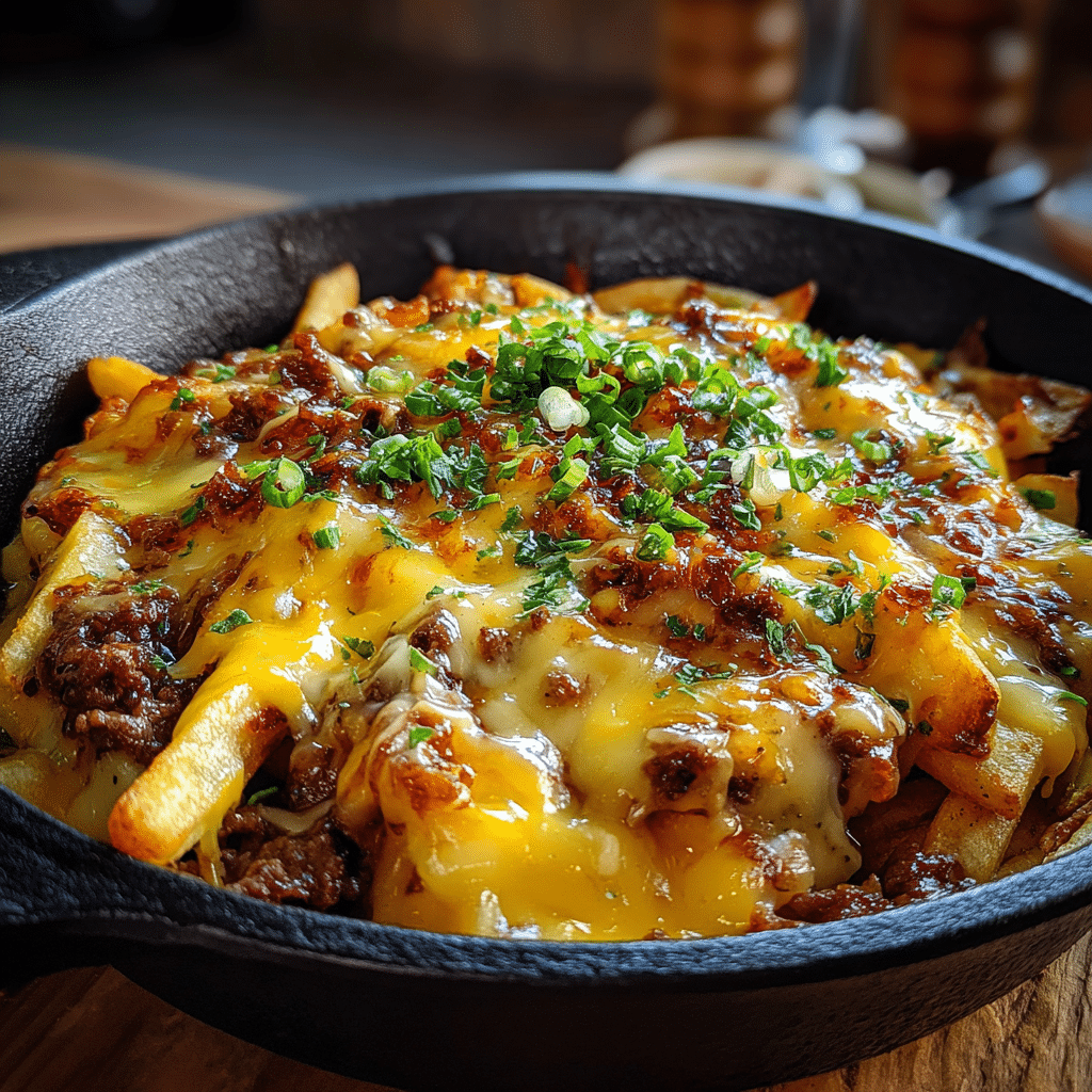 Cheeseburger loaded fries with cheese sauce, beef, and fresh toppings in a skillet