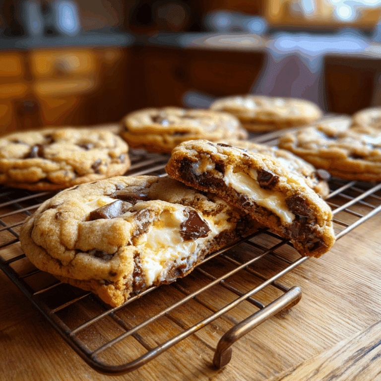 Cheesecake stuffed chocolate chip cookies cooling on rack