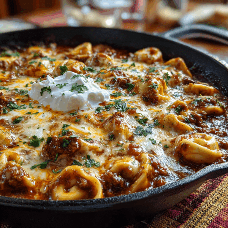 Cheesy Beef Enchilada Tortellini in a skillet with melted cheese and sour cream