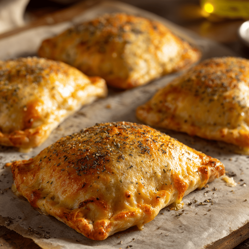 Cheesy Pizza Pockets cooling on parchment