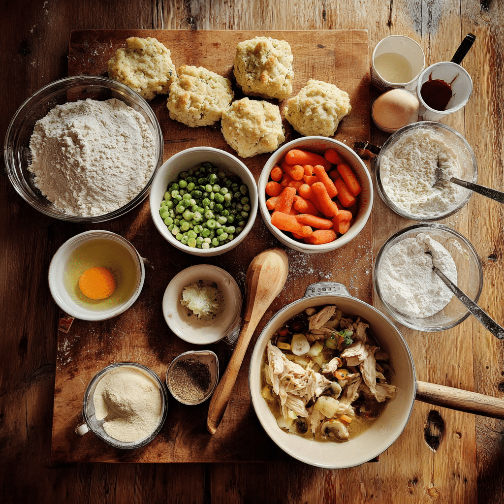 Ingredients for Chicken Cobbler Casserole arranged on counter