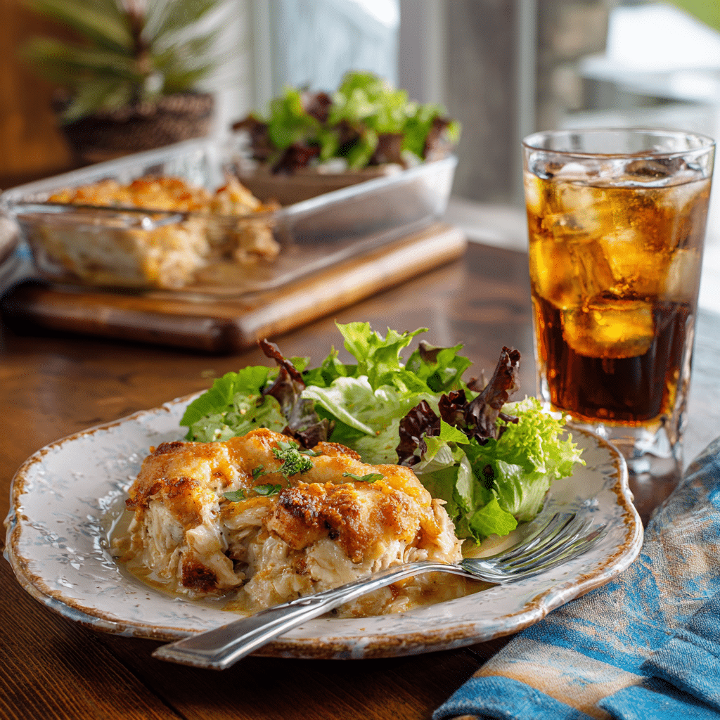 Serving Chicken Cobbler Casserole with salad and iced tea