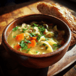 Chicken noodle soup served hot with fresh herbs