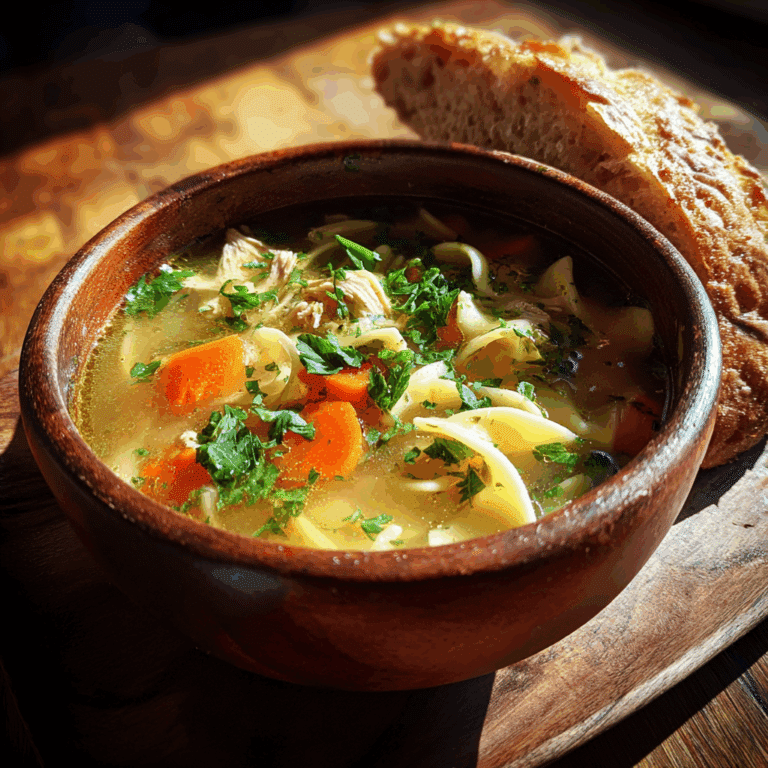 Chicken noodle soup served hot with fresh herbs