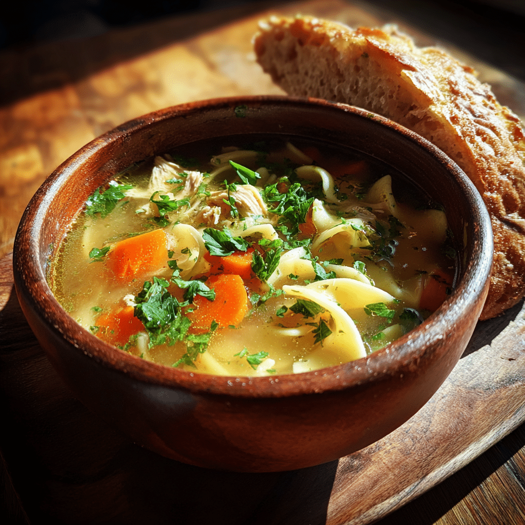 Chicken noodle soup served hot with fresh herbs