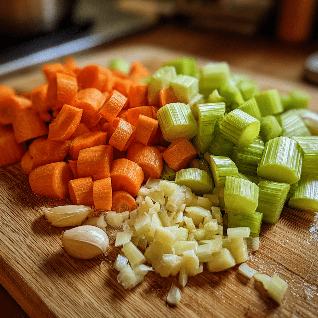 Fresh vegetables prepared for chicken noodle soup