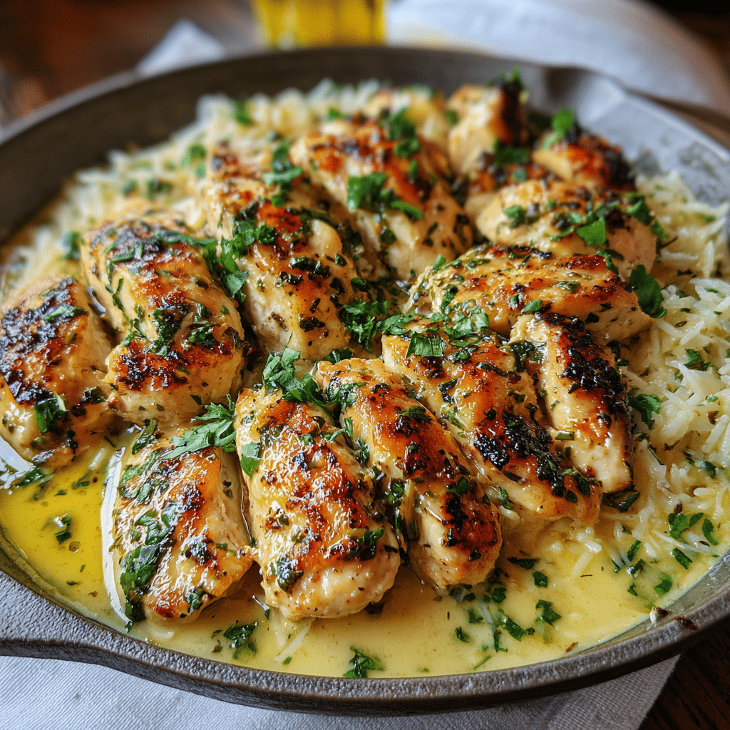 Chicken Scampi with Creamy Garlic Parmesan in cast iron skillet