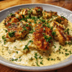 Chicken Scampi With Garlic Parmesan Rice on rustic plate