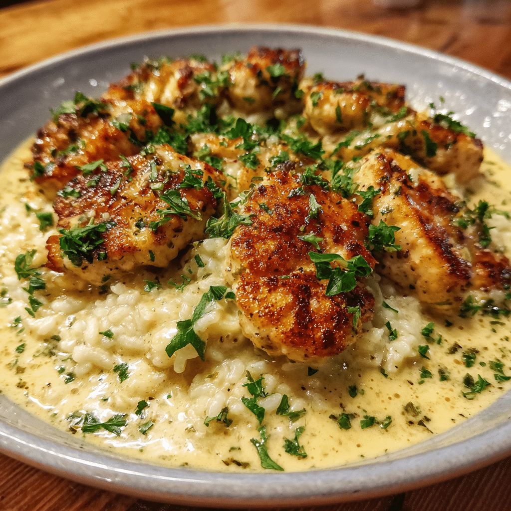 Chicken Scampi With Garlic Parmesan Rice on rustic plate
