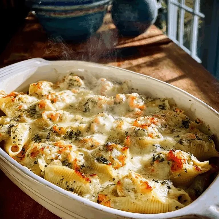 Creamy Lobster Shrimp Stuffed Shells baked in a white dish