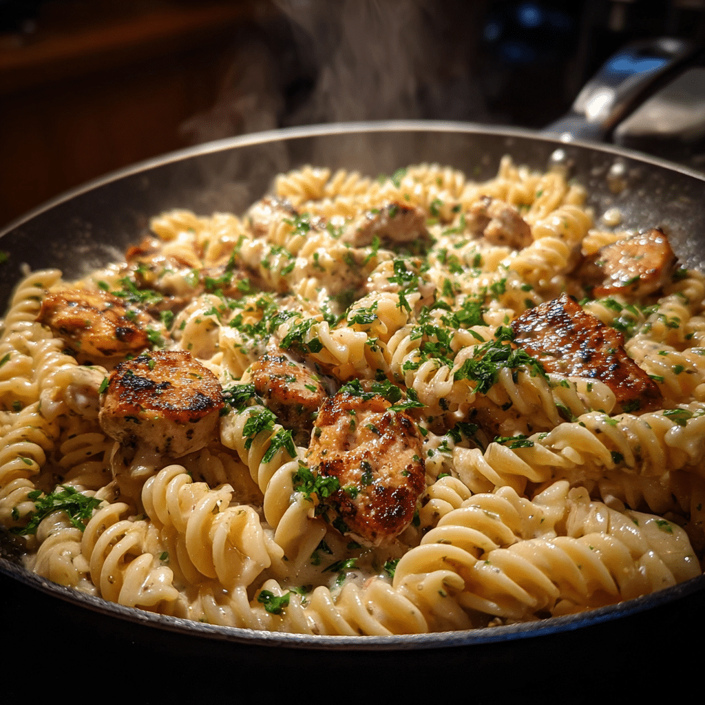 Creamy Pepper Jack Chicken and Sausage Pasta in a skillet