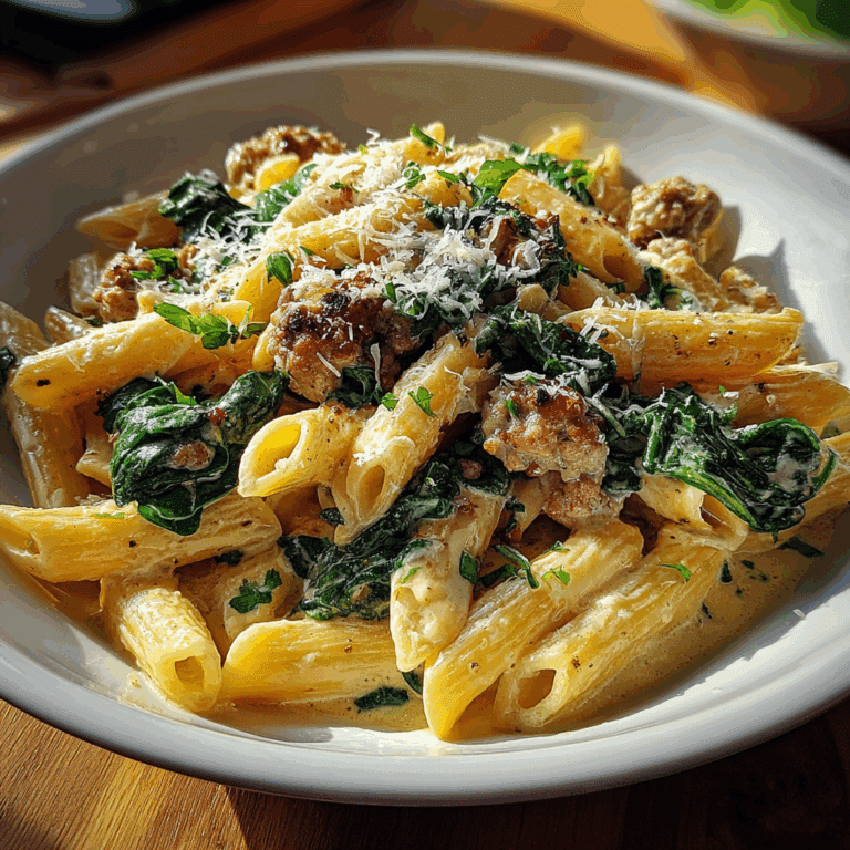 Creamy sausage pasta with spinach in rich cream sauce