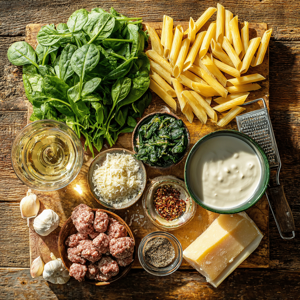 Ingredients for creamy sausage pasta with spinach recipe