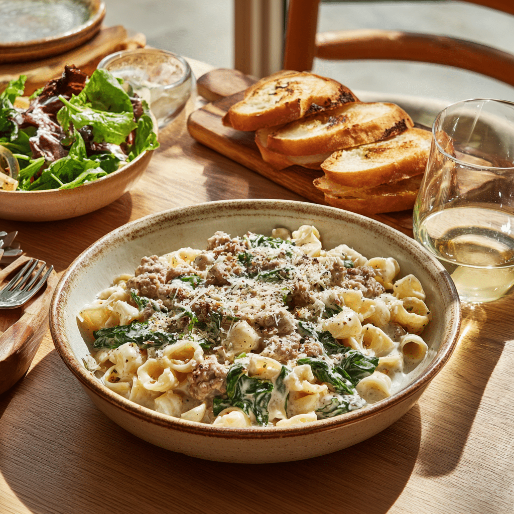  Creamy sausage pasta with spinach served with garlic bread