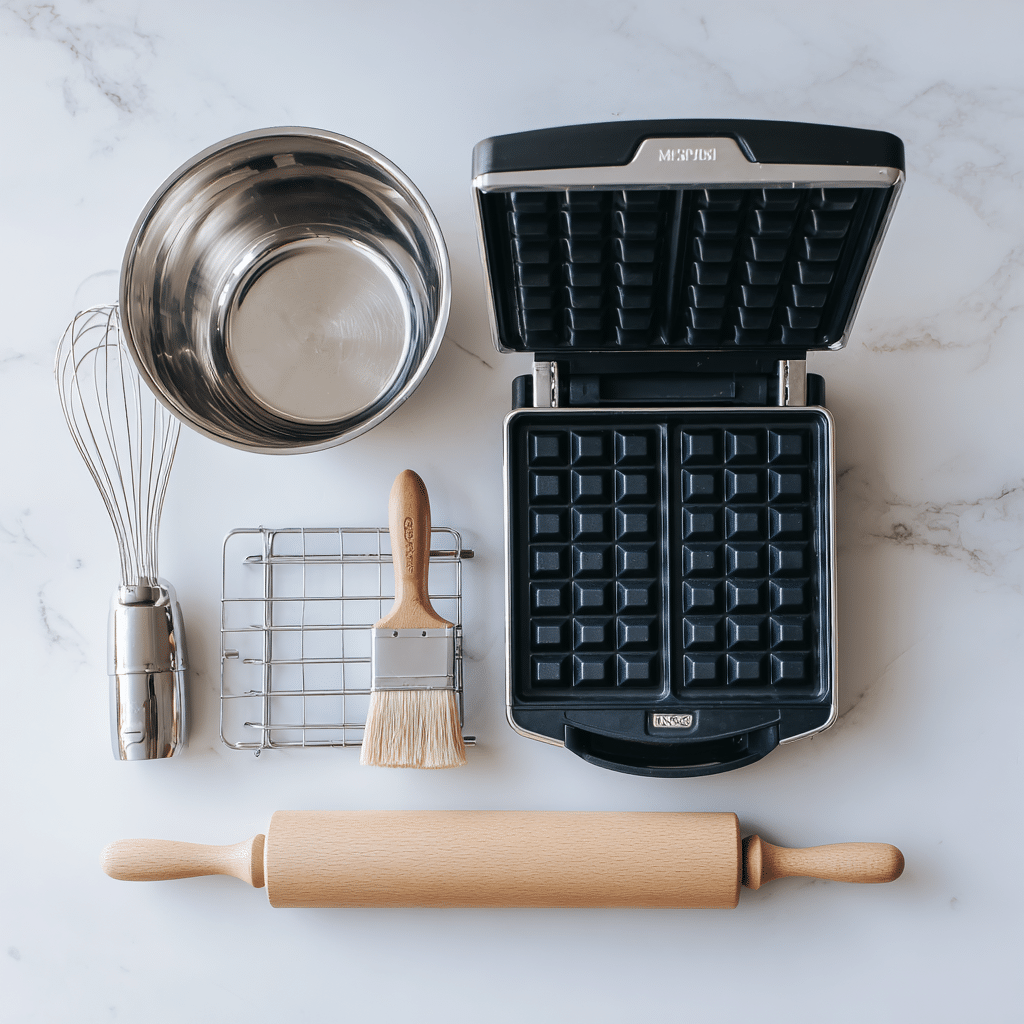 Equipment needed for Crispy Cheesecake Cookie Croffles including waffle iron and baking tools