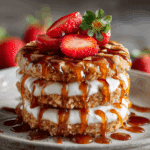 Crispy Cheesecake Cookie Croffle on plate with cookie topping