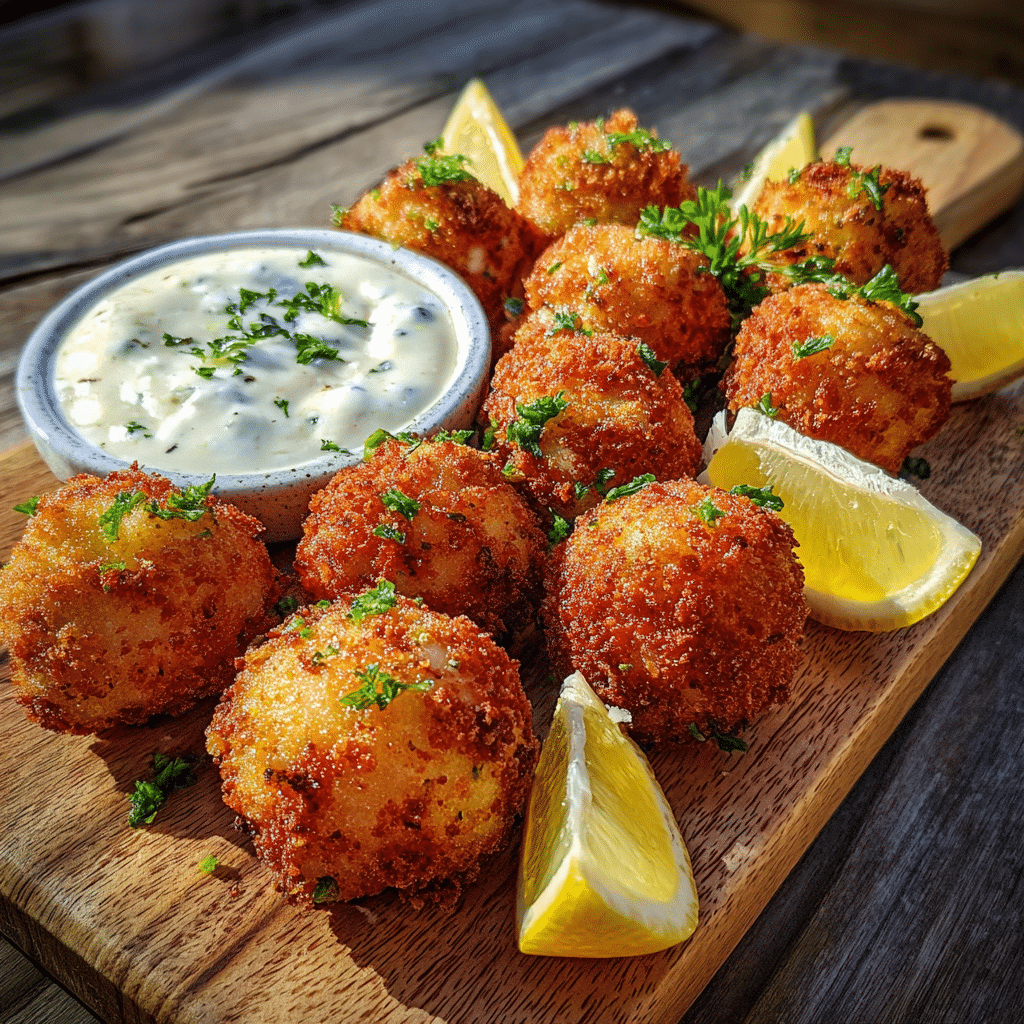 Crispy Seafood Poppers served fresh with dipping sauce