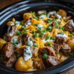 crockpot loaded steak and potato bake close-up shot