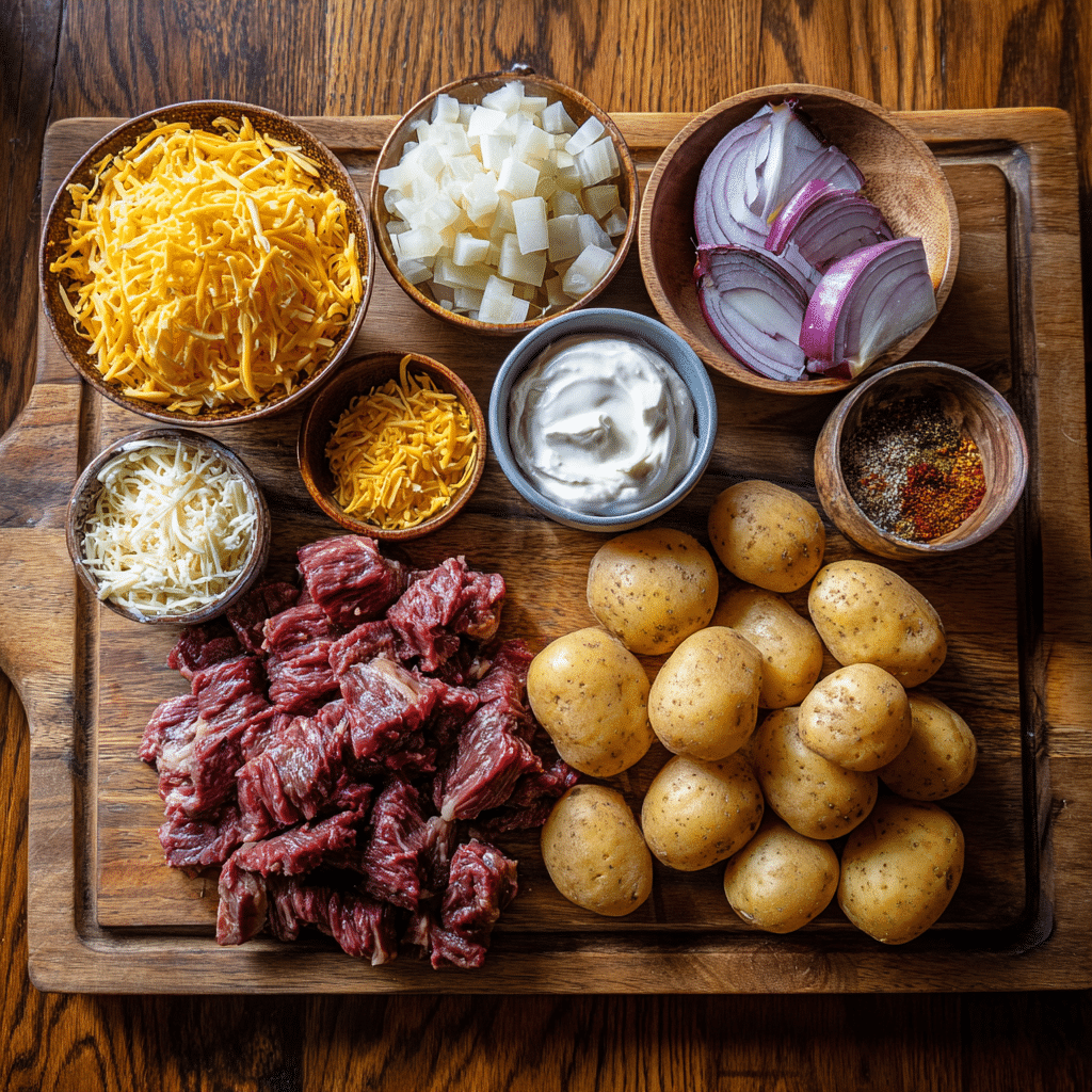 crockpot loaded steak and potato bake ingredients laid out