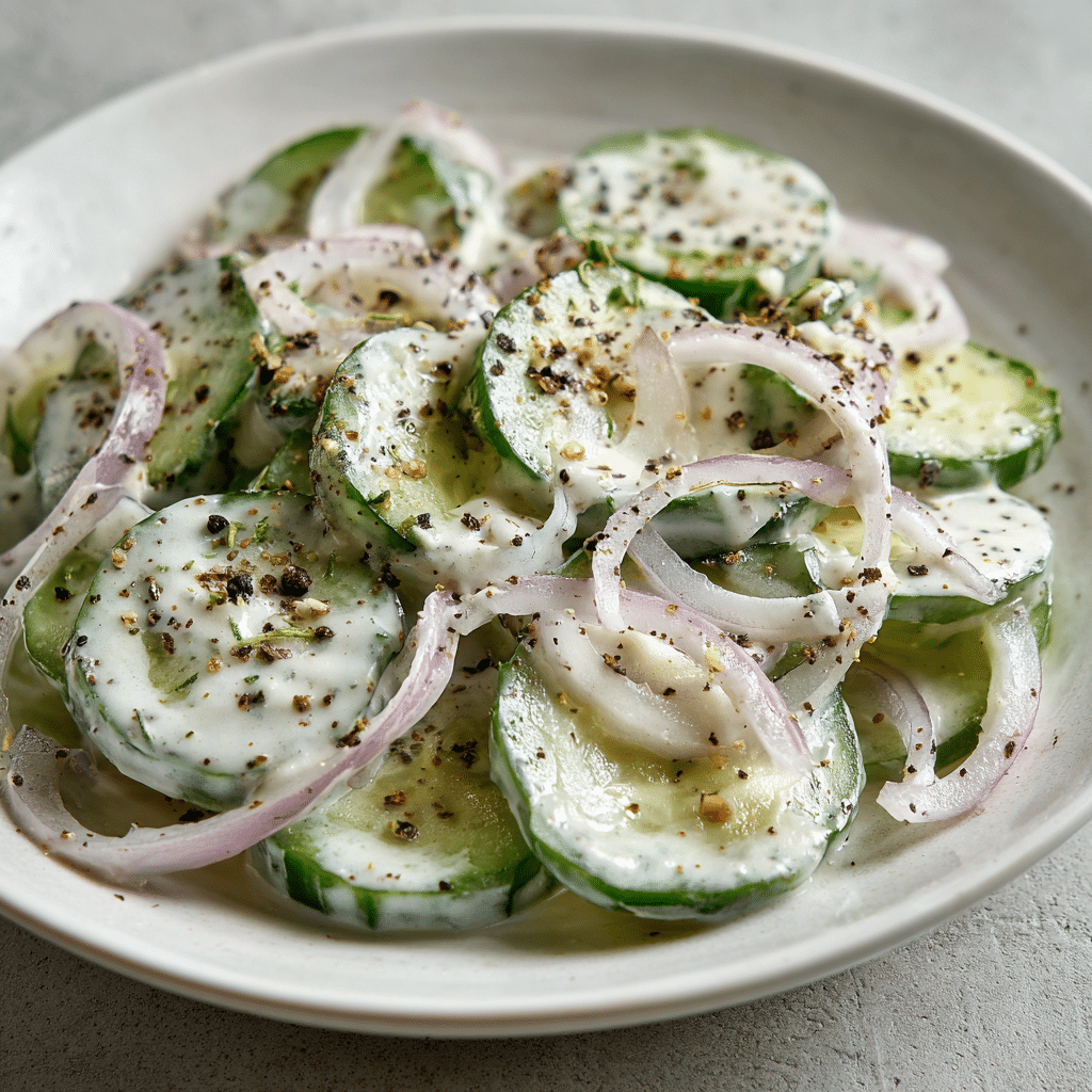 cucumbers and onions in sour cream dressing