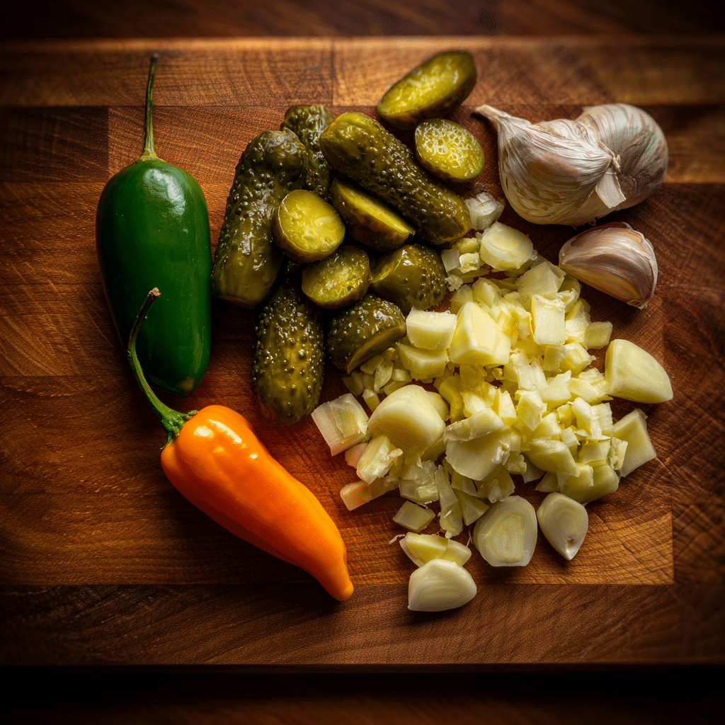 Dill pickle hot sauce ingredients on a cutting board