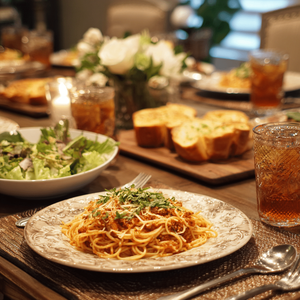 Slow cooker casserole served with garlic bread and salad