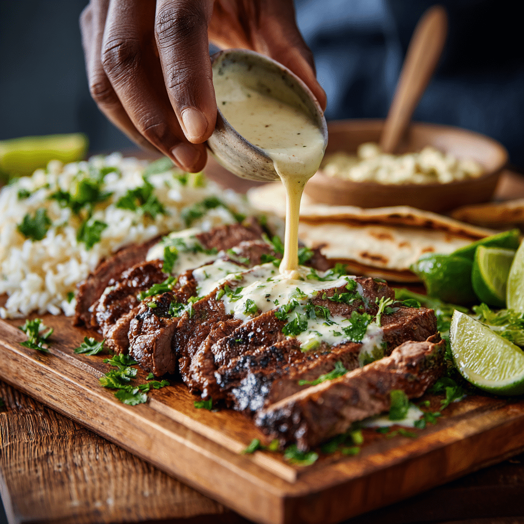 Drizzling queso over Steak & Queso Rice for serving