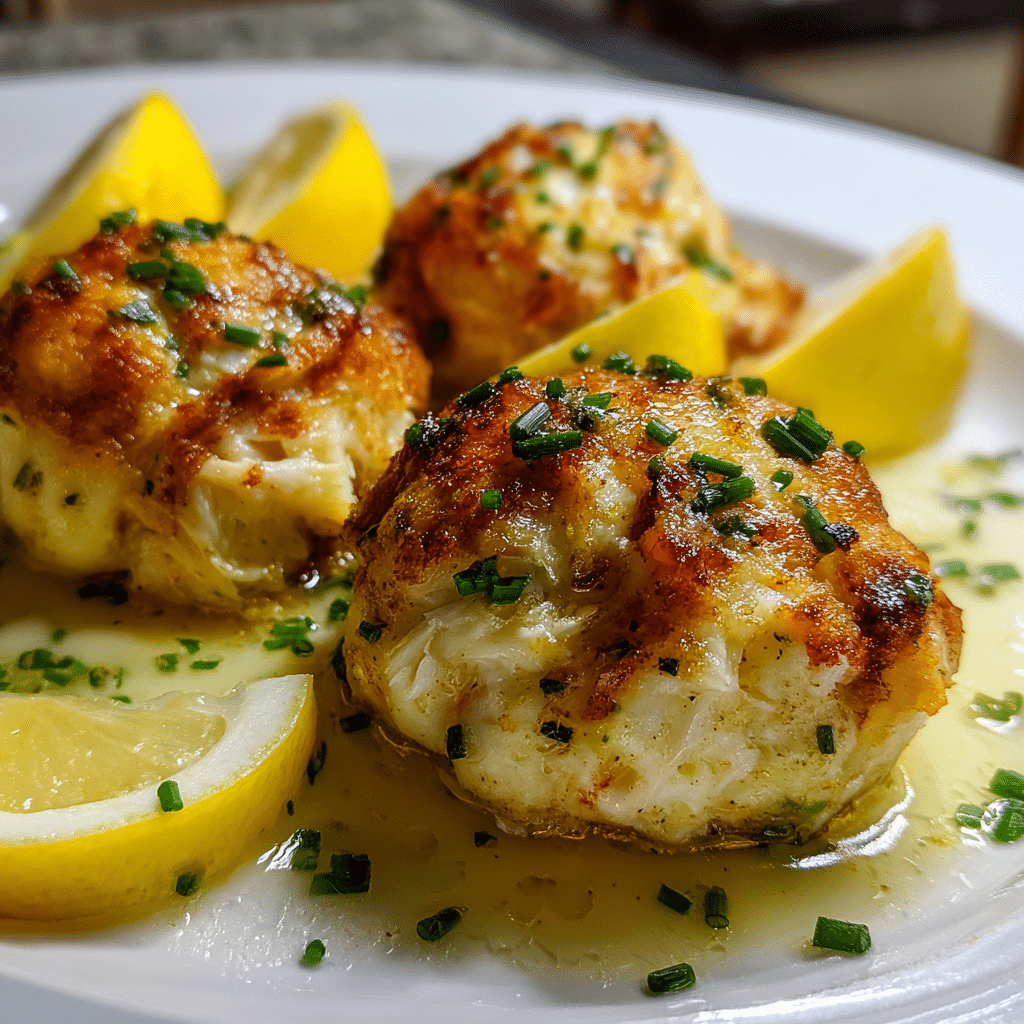 Famous Crab Bombs with lemon wedges and butter drizzle