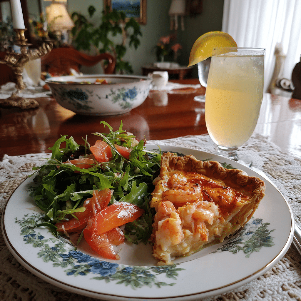 Florida Shrimp Pie served with salad and lemonade for brunch