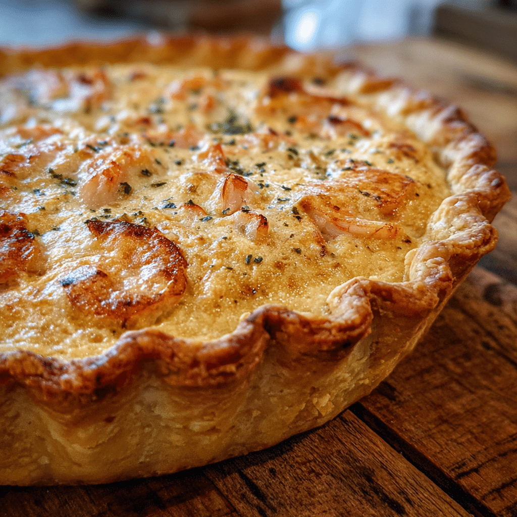 Florida Shrimp Pie fresh from the oven with golden crust and creamy shrimp filling