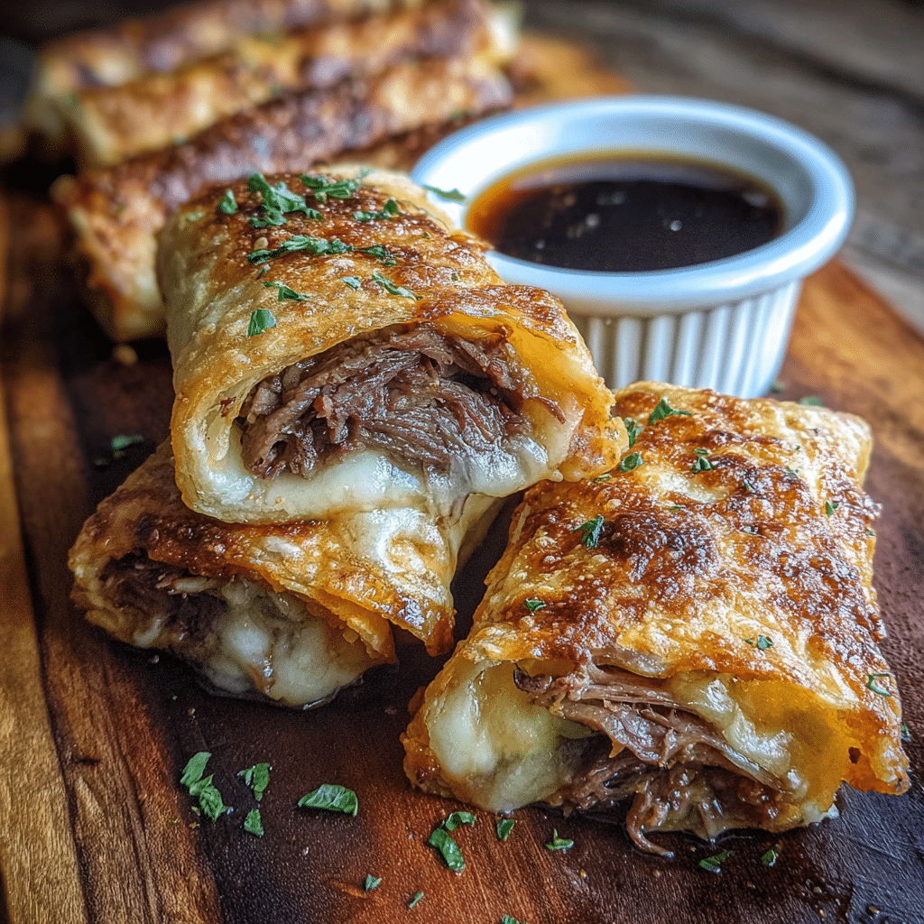 French Dip Tortilla Roll Ups with au jus dipping sauce