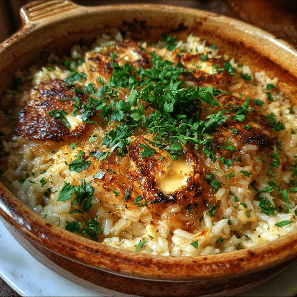 French Onion Butter Rice served in a rustic baking dish with parsley garnish