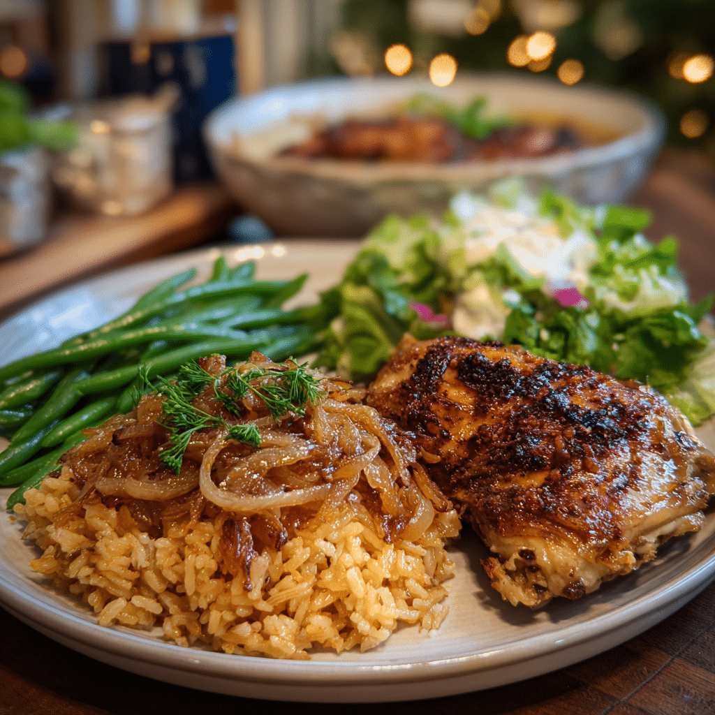  French Onion Butter Rice served as part of a holiday dinner spread