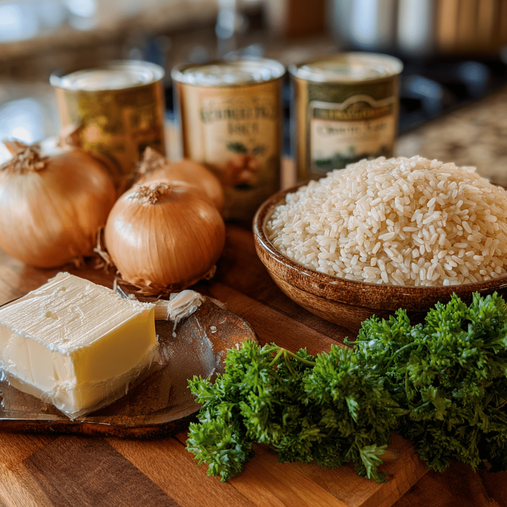 French Onion Butter Rice ingredients displayed on a wooden counter