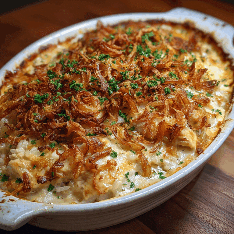 French Onion Chicken & Rice baked casserole topped with crispy onions